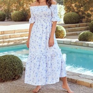 Cotton white and blue floral off the shoulder smocked maxi dress